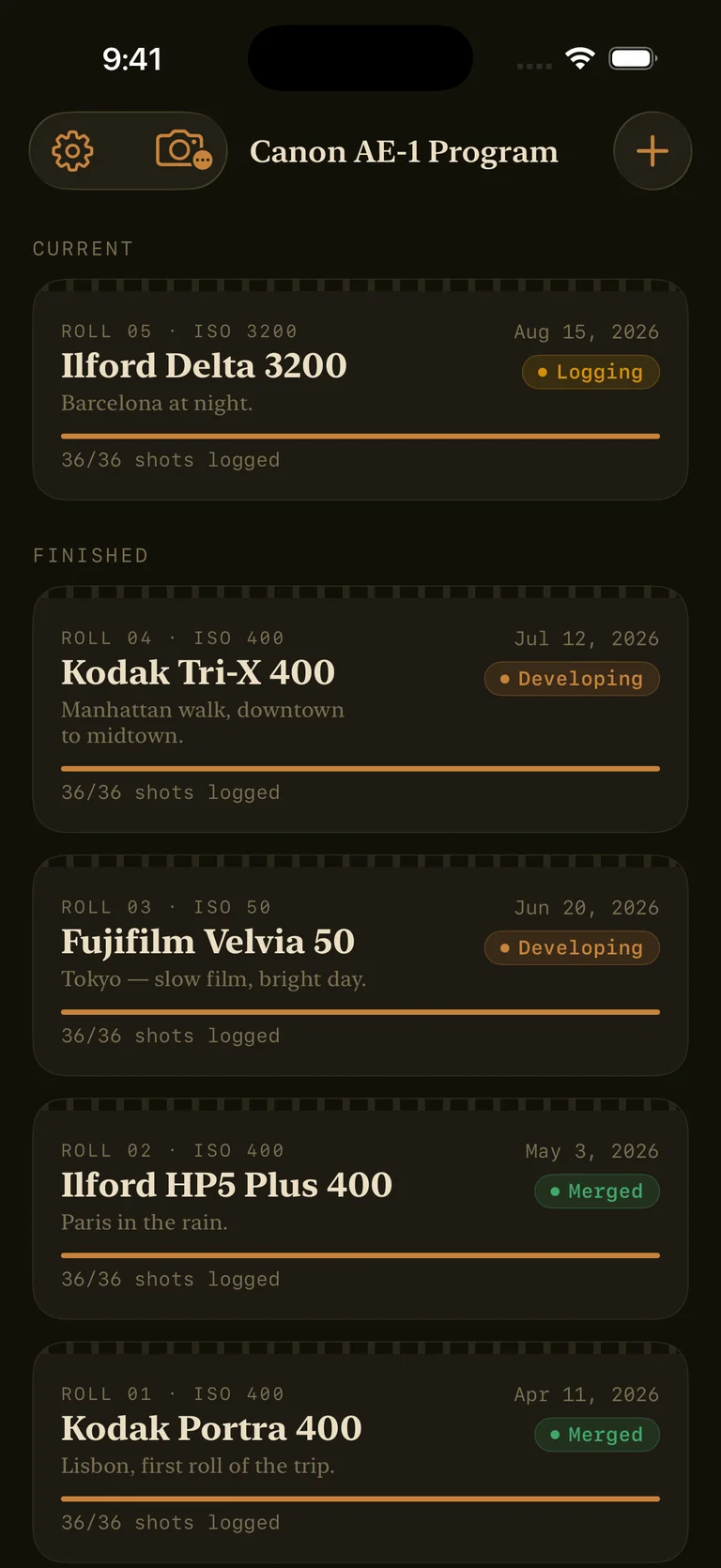 MatchGrain home screen showing a list of film rolls
