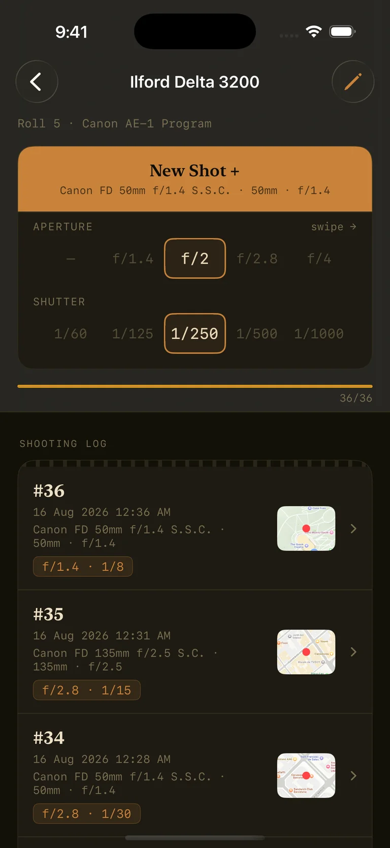 Logging a frame's exposure settings and location