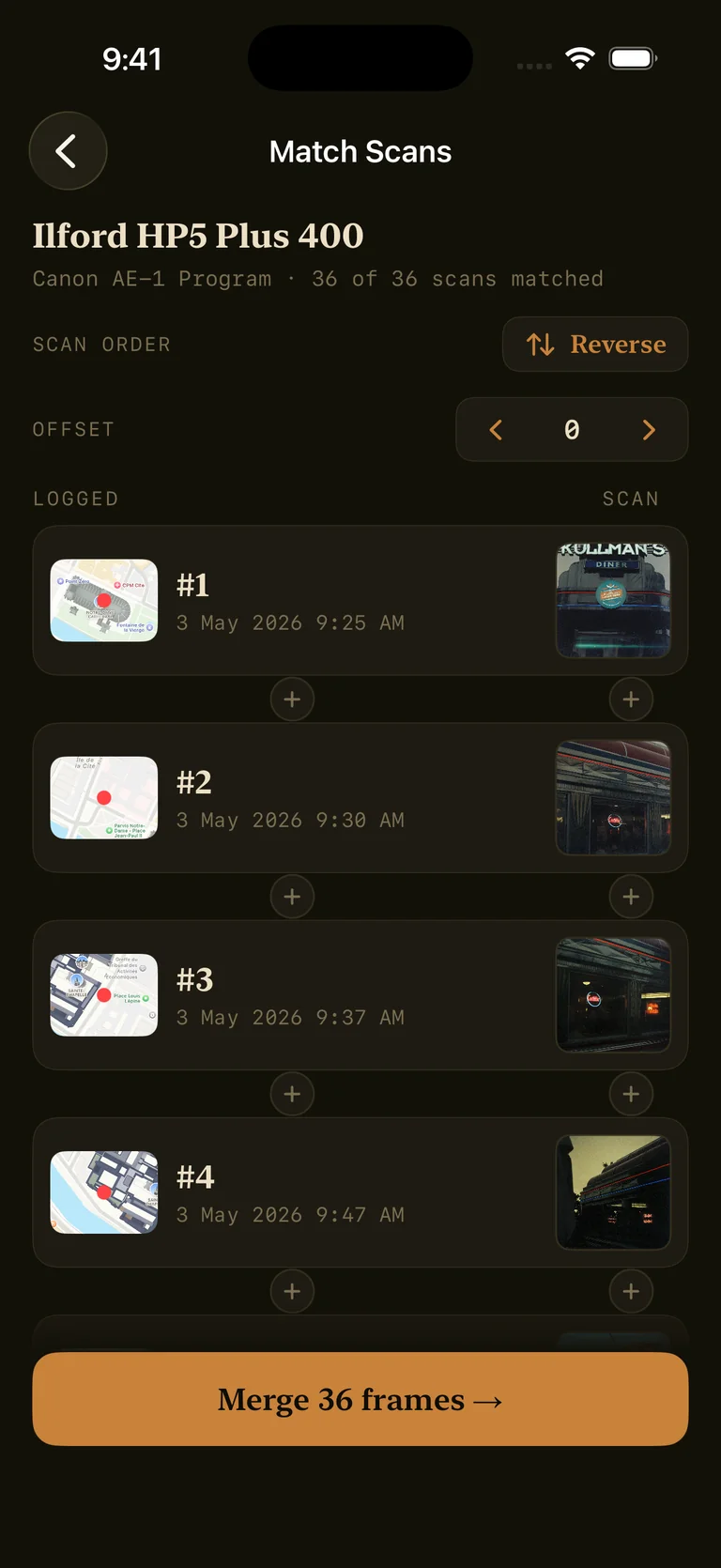 Matching developed scans against the shooting log