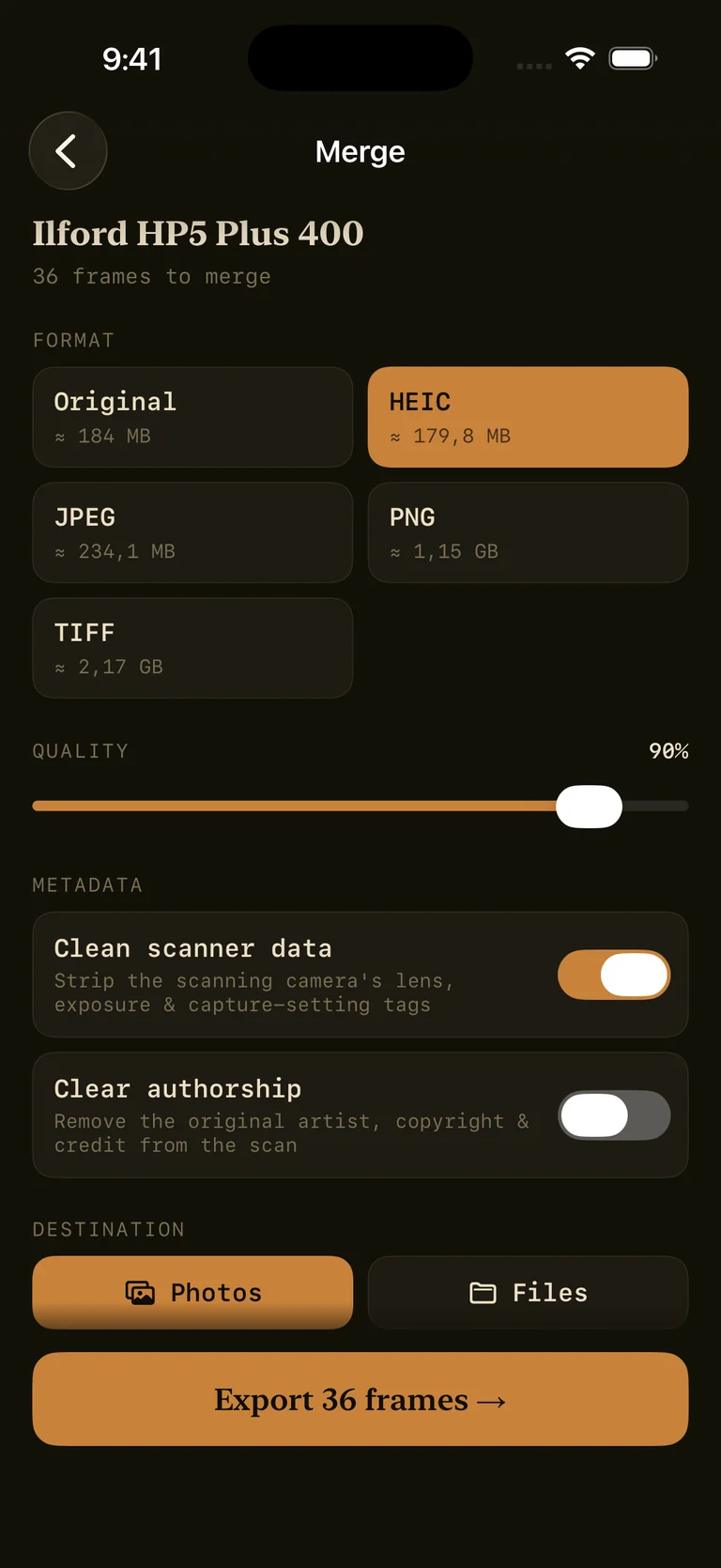 Processing a roll and writing metadata to each scan
